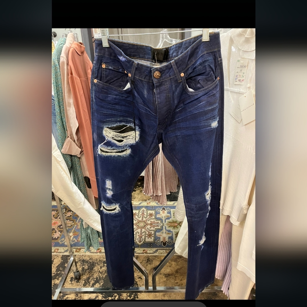 Nwt $795 Men's Distressed Blue Jeans With Leather Inserts